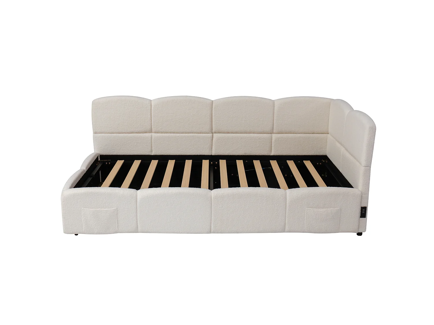 Lit d'enfant rembourré 90x200 cm, avec sommier à lattes, tissu Buchla, chargeur USB, sac de rangement, beige