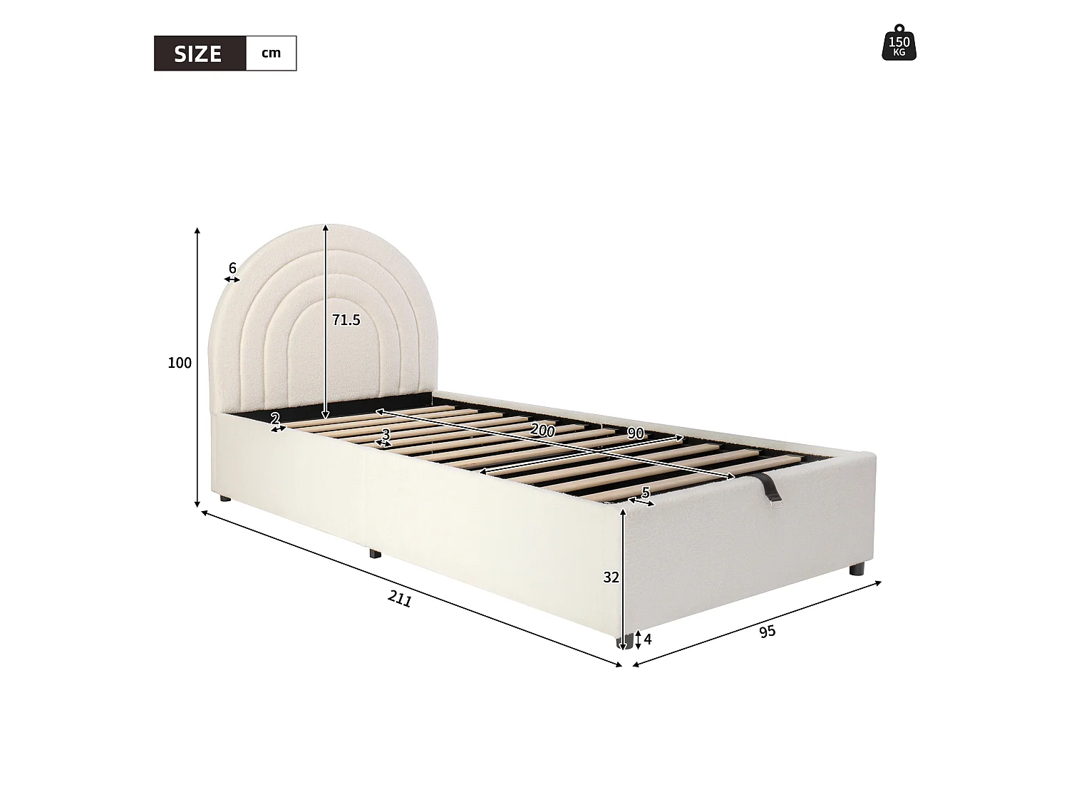 Lit enfant 90*200, avec sommier à lattes et tête de lit, tissu Buchla,beige