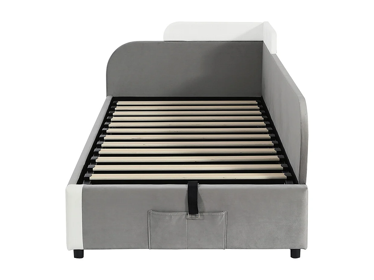 Hydraulisches Kinderbett 90 x 200 cm, weiche Seitengitter, rechte Seitenwand, Samt + Sperrholz, grau