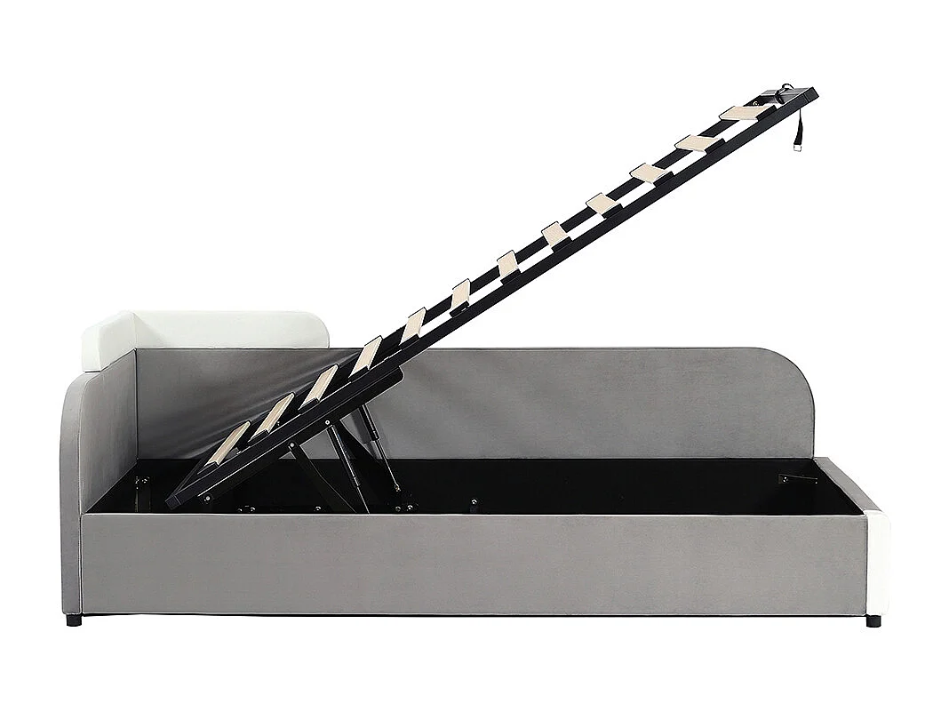 Hydraulisches Kinderbett 90 x 200 cm, weiche Seitengitter, rechte Seitenwand, Samt + Sperrholz, grau