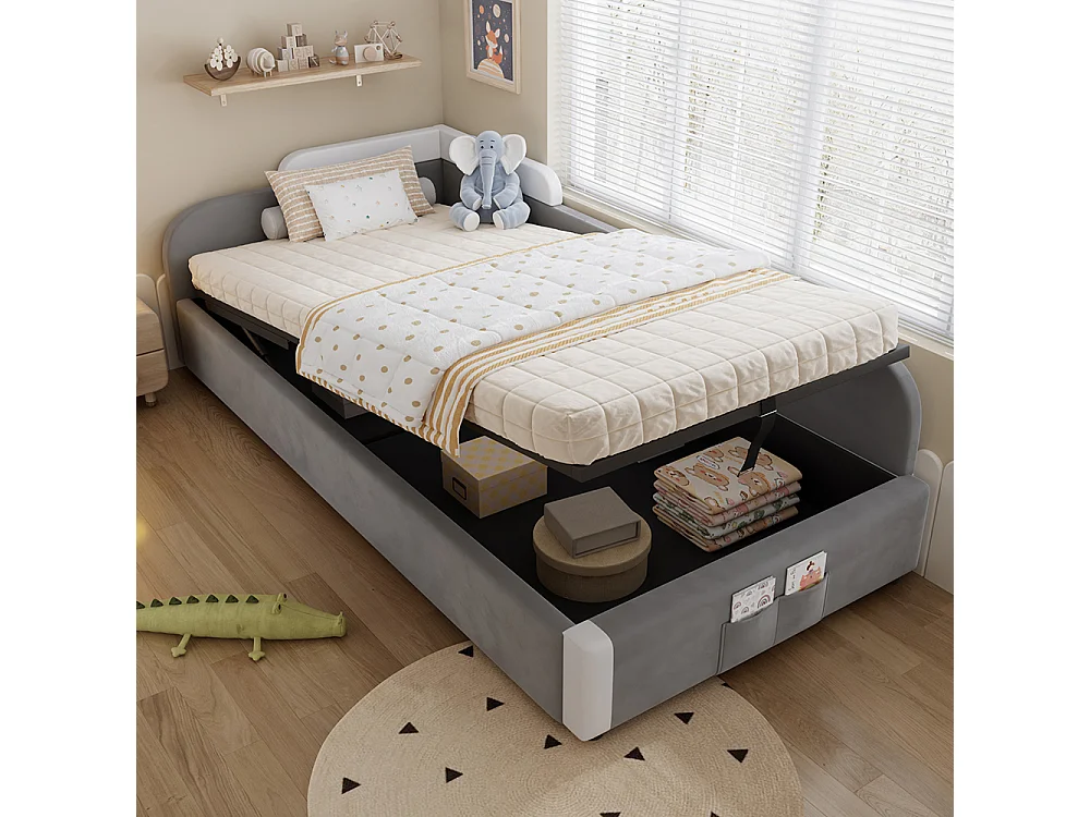 Lit hydraulique pour enfants 90x200cm, barrières souples, panneau latéral droit, velours + contreplaqué, gris
