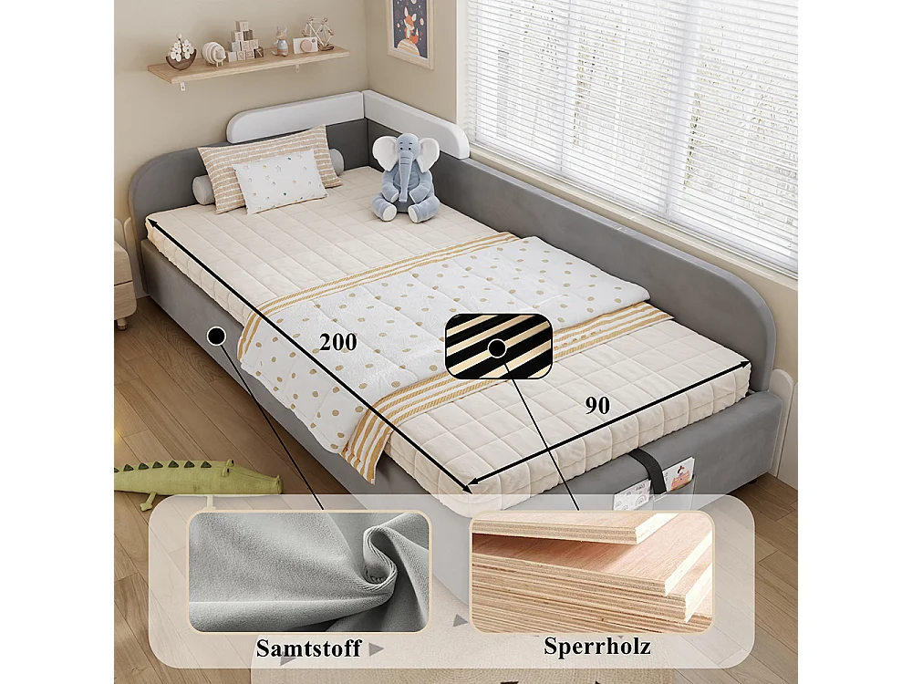 Lit hydraulique pour enfants 90x200cm, barrières souples, panneau latéral droit, velours + contreplaqué, gris