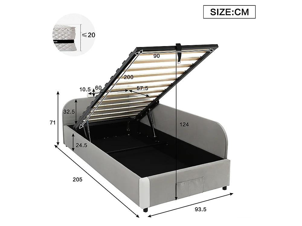Lit hydraulique pour enfants 90x200cm, barrières souples, panneau latéral droit, velours + contreplaqué, gris