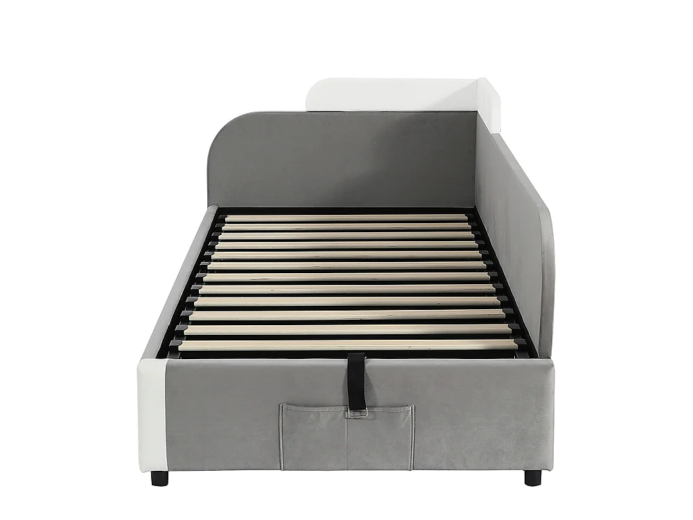 Lit hydraulique pour enfants 90x200cm, barrières souples, panneau latéral droit, velours + contreplaqué, gris