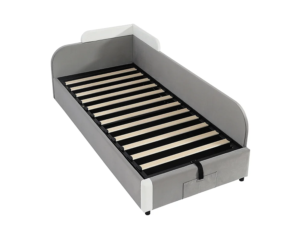 Lit hydraulique pour enfants 90x200cm, barrières souples, panneau latéral droit, velours + contreplaqué, gris