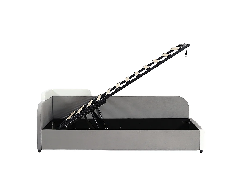 Lit hydraulique pour enfants 90x200cm, barrières souples, panneau latéral droit, velours + contreplaqué, gris