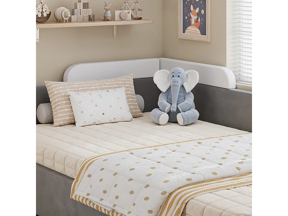 Lit hydraulique pour enfants 90x200cm, barrières souples, panneau latéral droit, velours + contreplaqué, gris