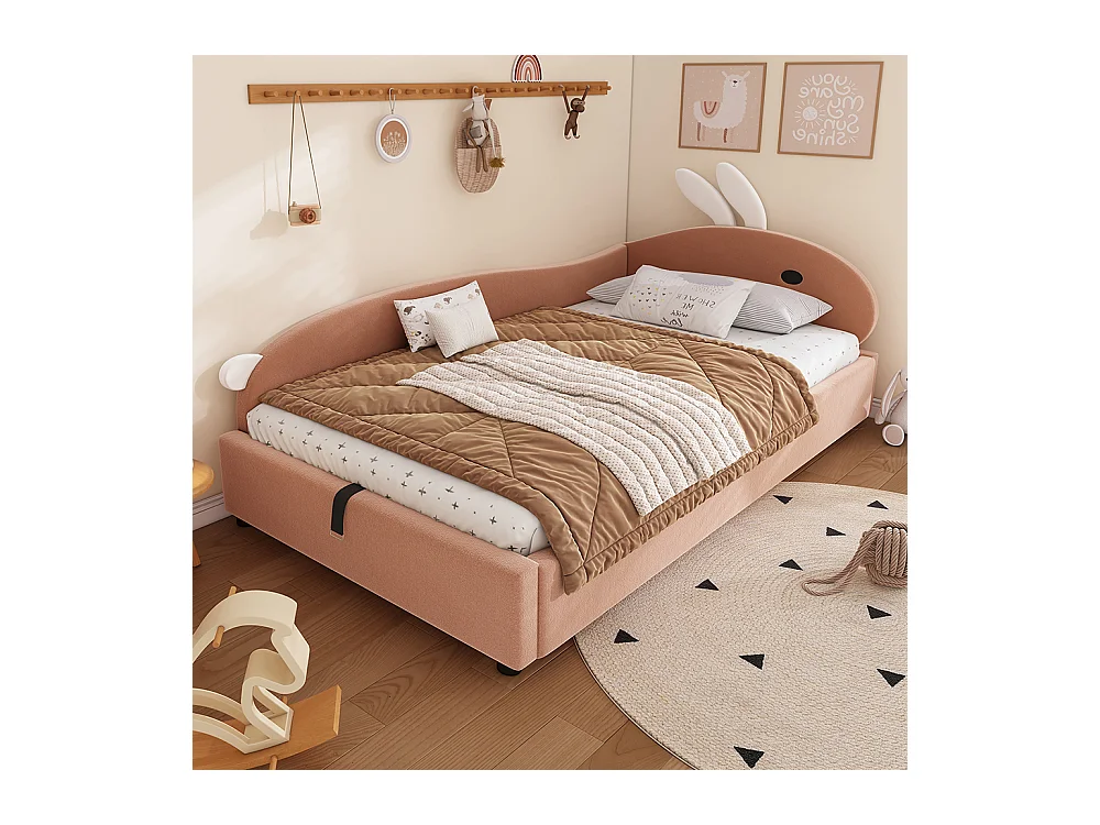 Hydraulisches Kinderbett 90 x 200 cm, Kopfteil mit Kaninchenmotiv, Barriere, linke Seitenwand, Samt, Sojarot