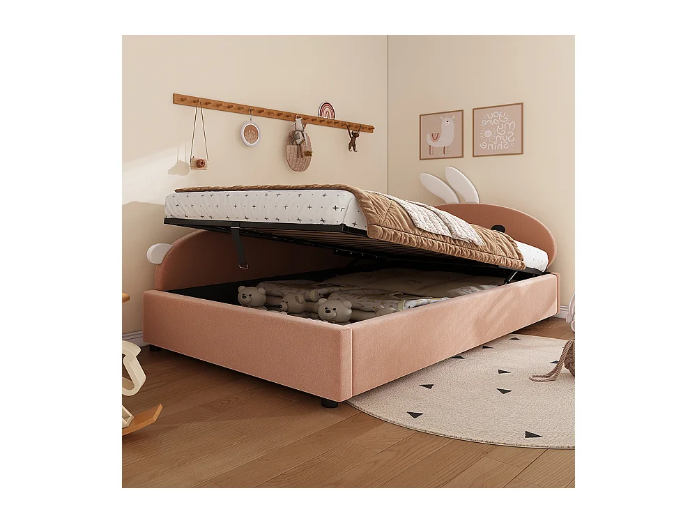 Hydraulisches Kinderbett 90 x 200 cm, Kopfteil mit Kaninchenmotiv, Barriere, linke Seitenwand, Samt, Sojarot