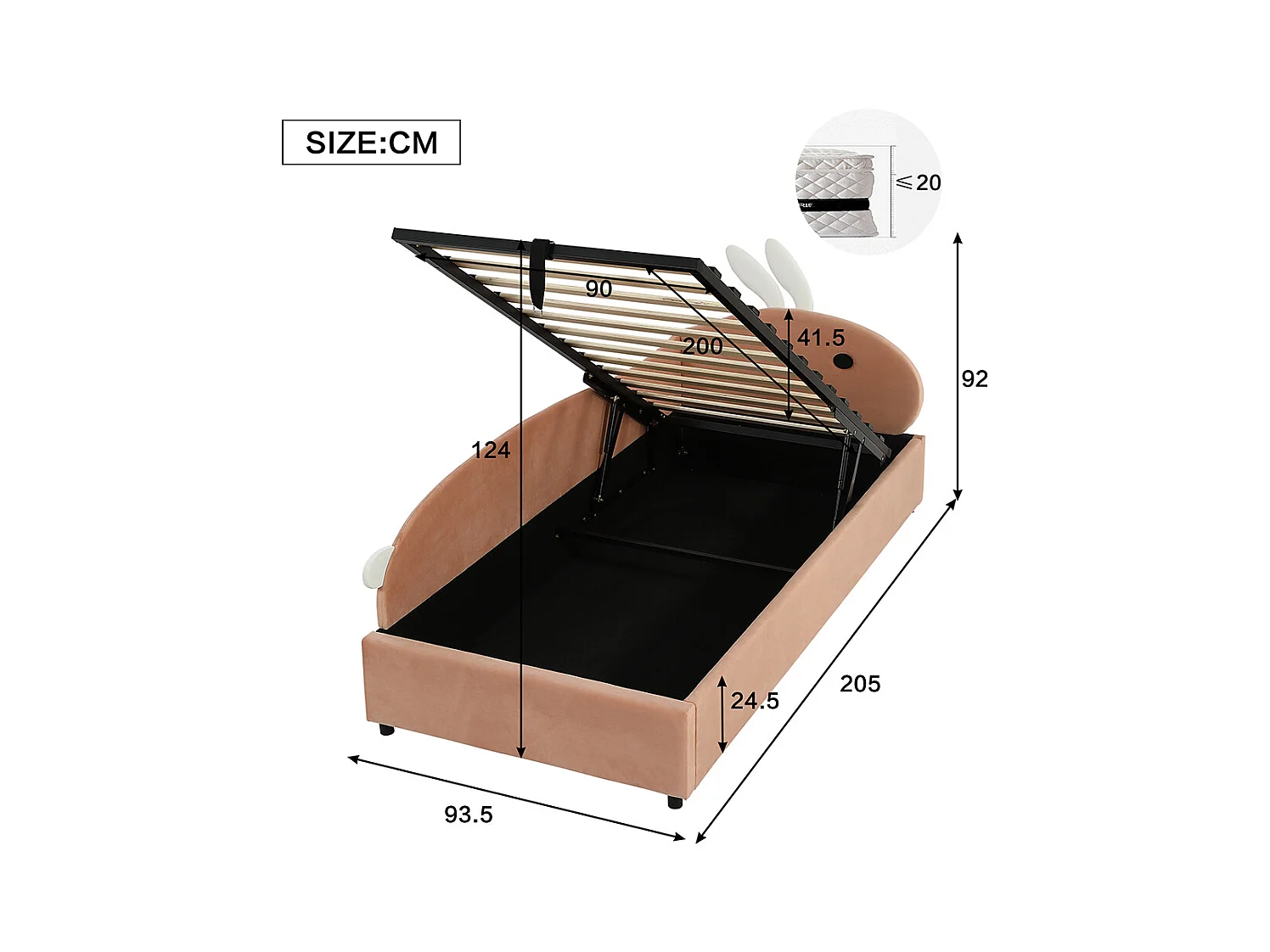 Hydraulisches Kinderbett 90 x 200 cm, Kopfteil mit Kaninchenmotiv, Barriere, linke Seitenwand, Samt, Sojarot