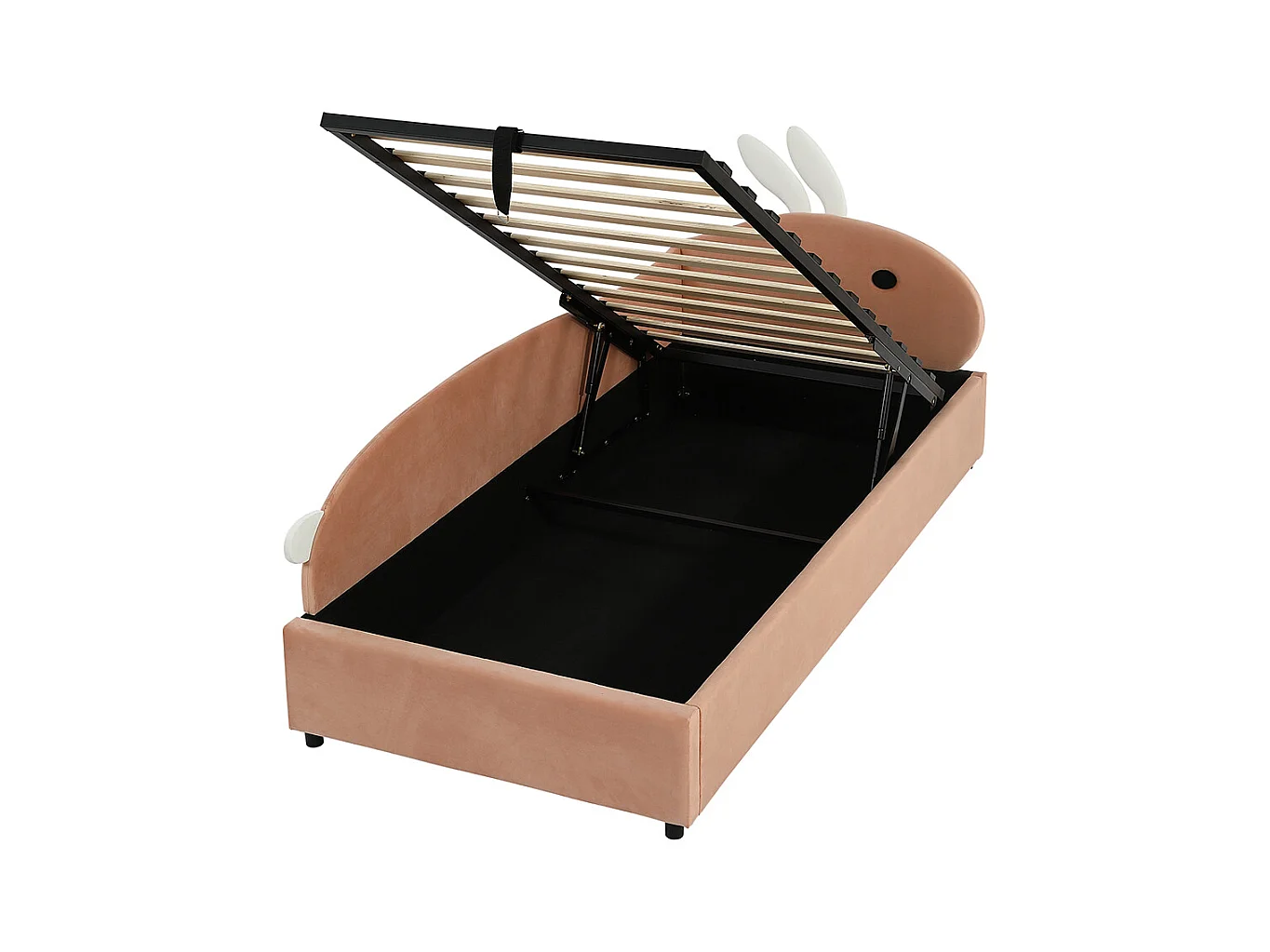 Hydraulisches Kinderbett 90 x 200 cm, Kopfteil mit Kaninchenmotiv, Barriere, linke Seitenwand, Samt, Sojarot