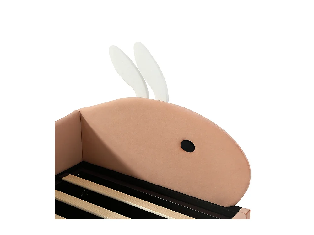 Hydraulisches Kinderbett 90 x 200 cm, Kopfteil mit Kaninchenmotiv, Barriere, linke Seitenwand, Samt, Sojarot