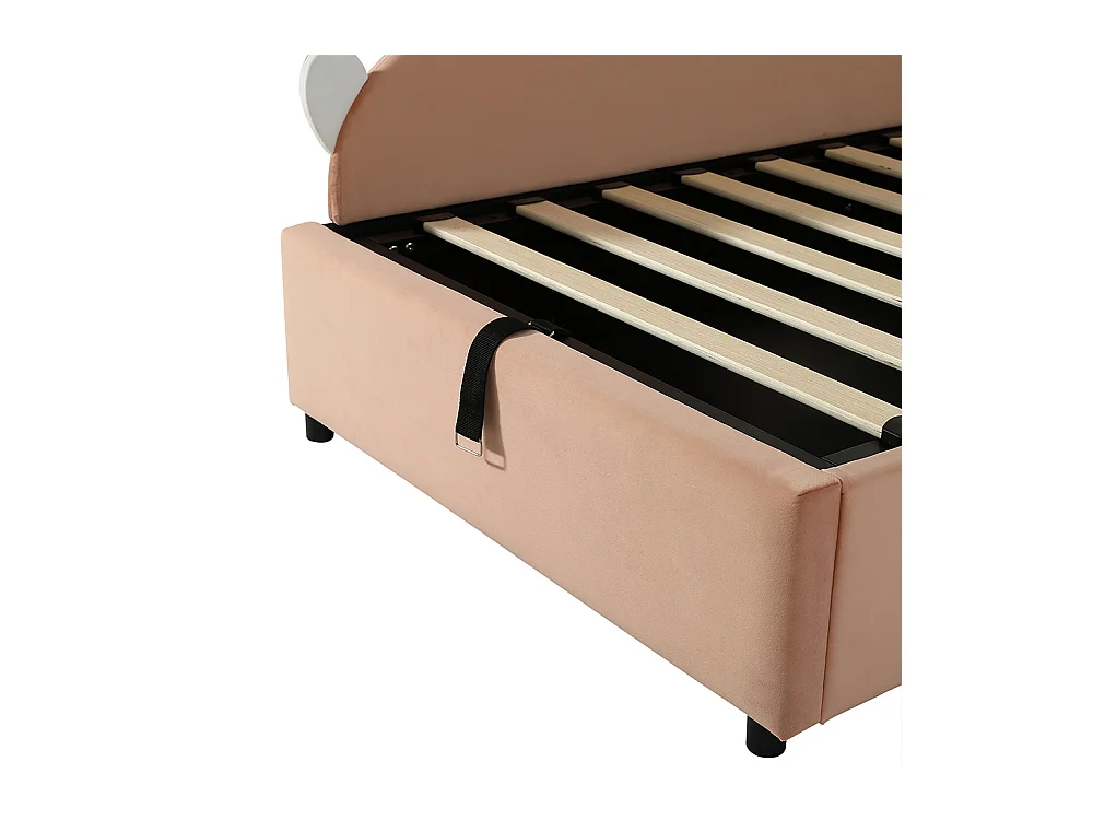 Hydraulisches Kinderbett 90 x 200 cm, Kopfteil mit Kaninchenmotiv, Barriere, linke Seitenwand, Samt, Sojarot