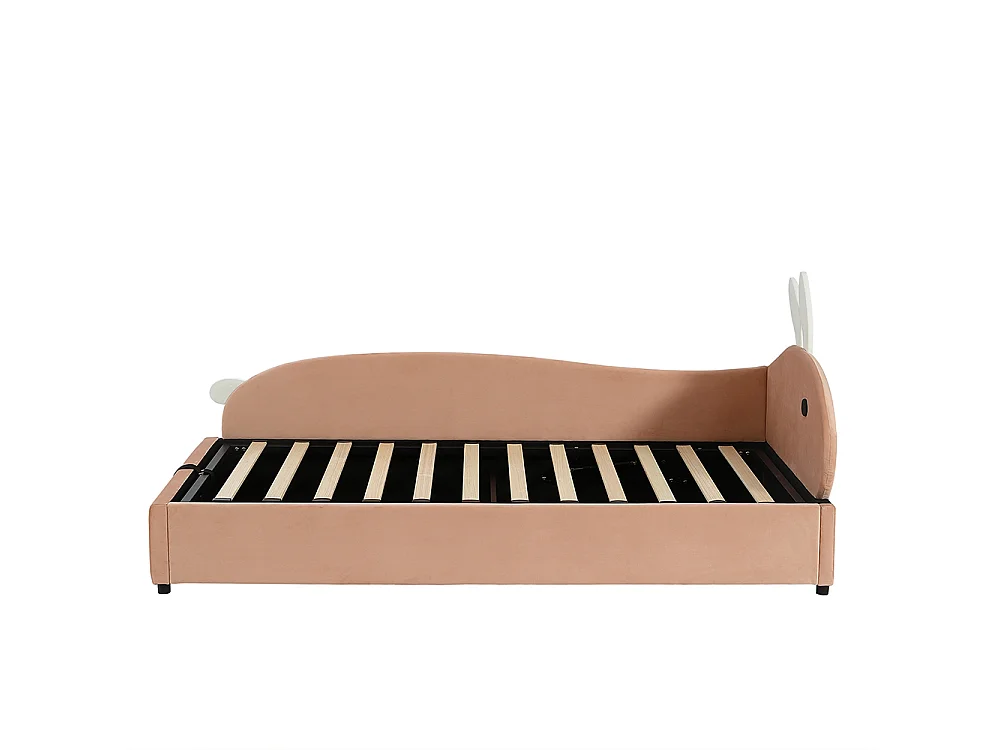 Hydraulisch kinderbed 90x200cm, konijnenhoofdbord, spijlen, linkerzijpaneel, fluweel, sojarood