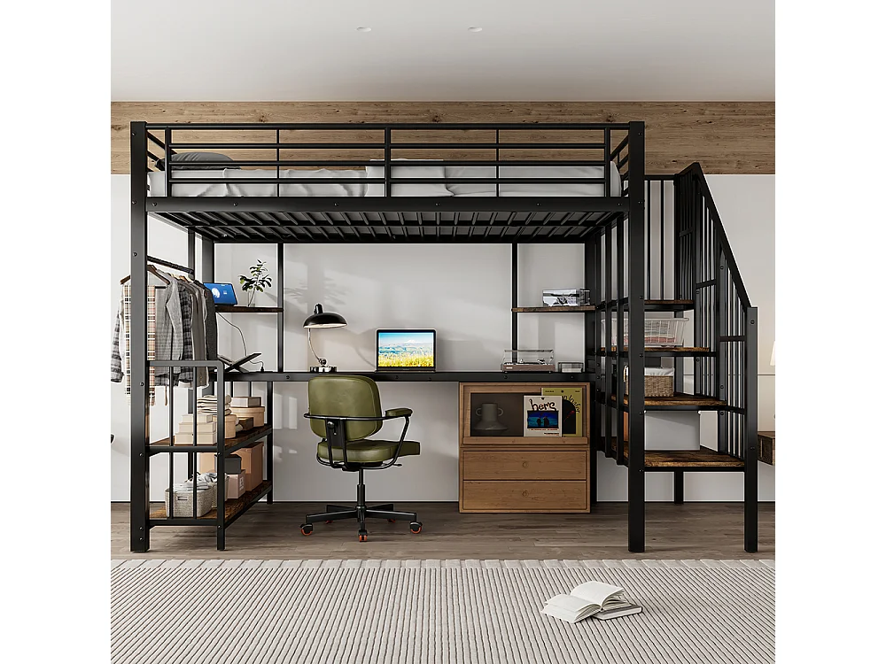 Hochbett 120 x 200 cm, seitliche Leiter mit Handläufen, Ladeanschlüsse, Kleiderhaken, Regale, Eisen + MDF, schwarz + dunkle Oberfläche