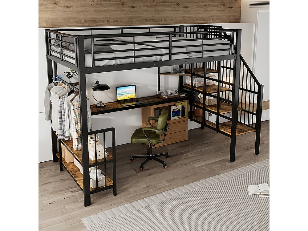 Hochbett 120 x 200 cm, seitliche Leiter mit Handläufen, Ladeanschlüsse, Kleiderhaken, Regale, Eisen + MDF, schwarz + dunkle Oberfläche