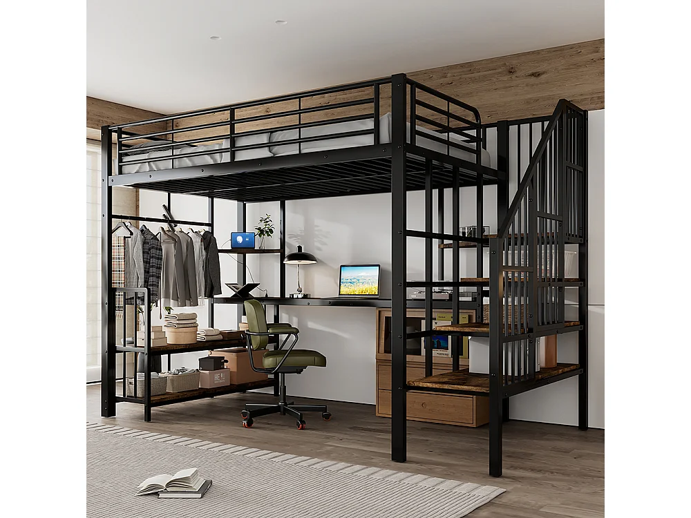 Hochbett 120 x 200 cm, seitliche Leiter mit Handläufen, Ladeanschlüsse, Kleiderhaken, Regale, Eisen + MDF, schwarz + dunkle Oberfläche
