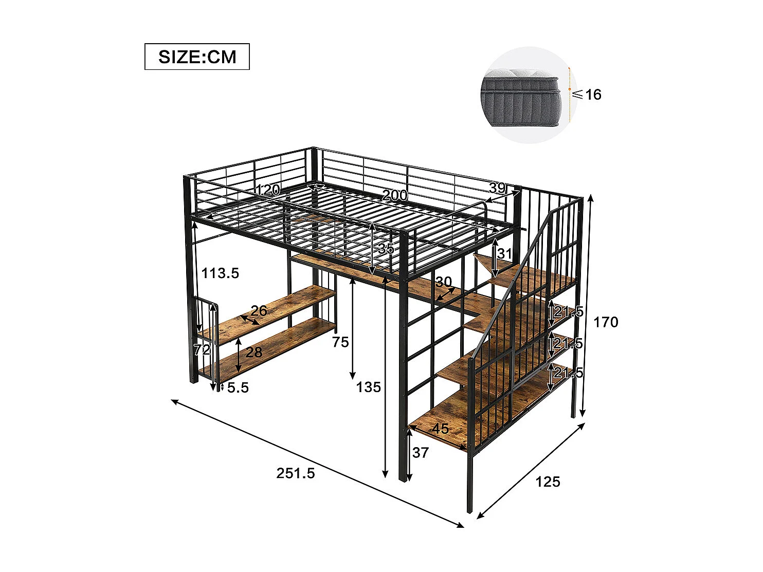Hochbett 120 x 200 cm, seitliche Leiter mit Handläufen, Ladeanschlüsse, Kleiderhaken, Regale, Eisen + MDF, schwarz + dunkle Oberfläche