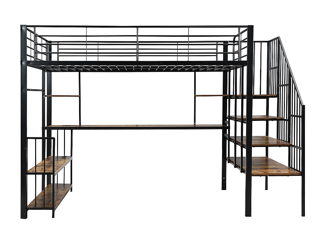 Hochbett 120 x 200 cm, seitliche Leiter mit Handläufen, Ladeanschlüsse, Kleiderhaken, Regale, Eisen + MDF, schwarz + dunkle Oberfläche