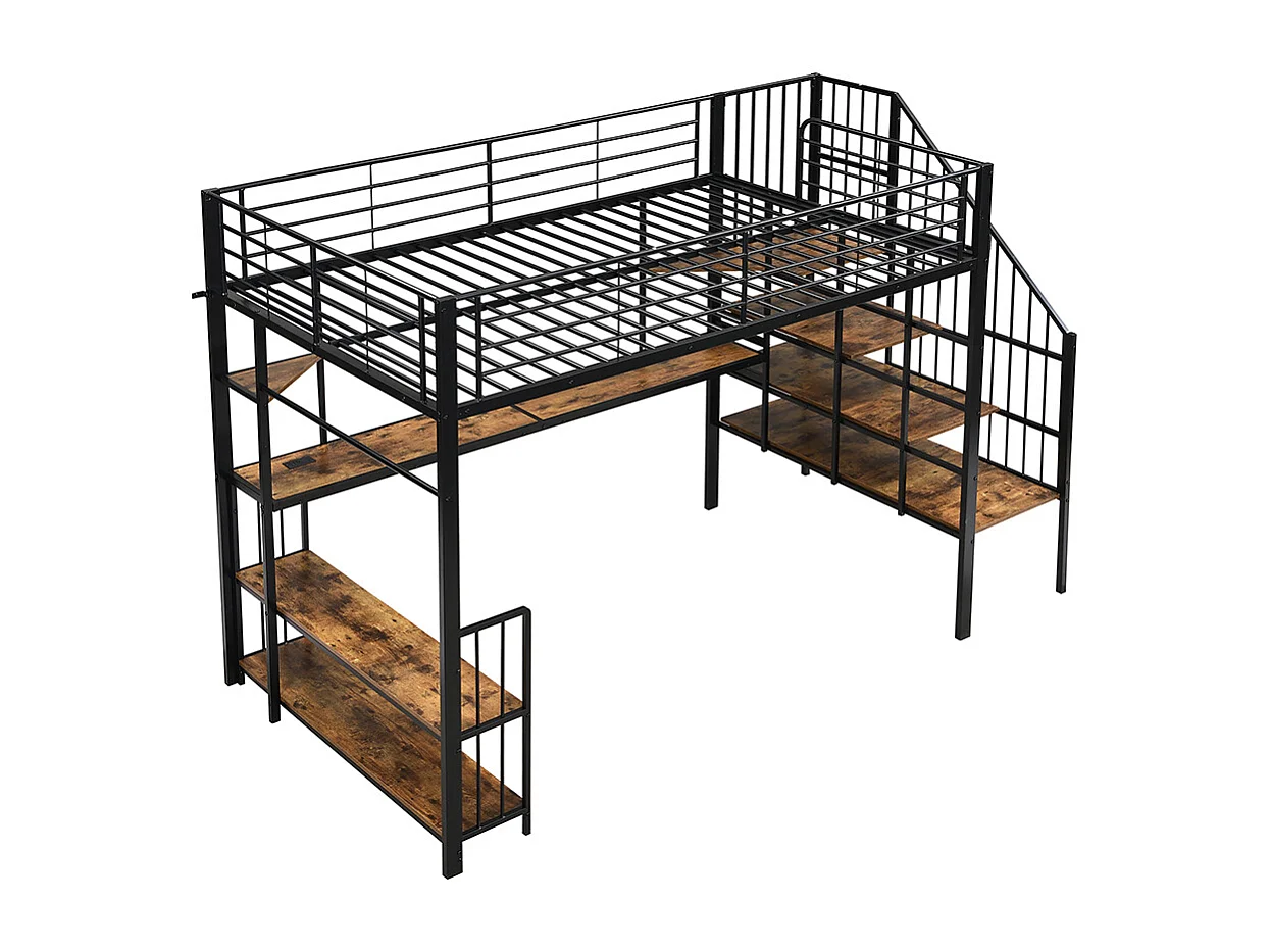 Hochbett 120 x 200 cm, seitliche Leiter mit Handläufen, Ladeanschlüsse, Kleiderhaken, Regale, Eisen + MDF, schwarz + dunkle Oberfläche