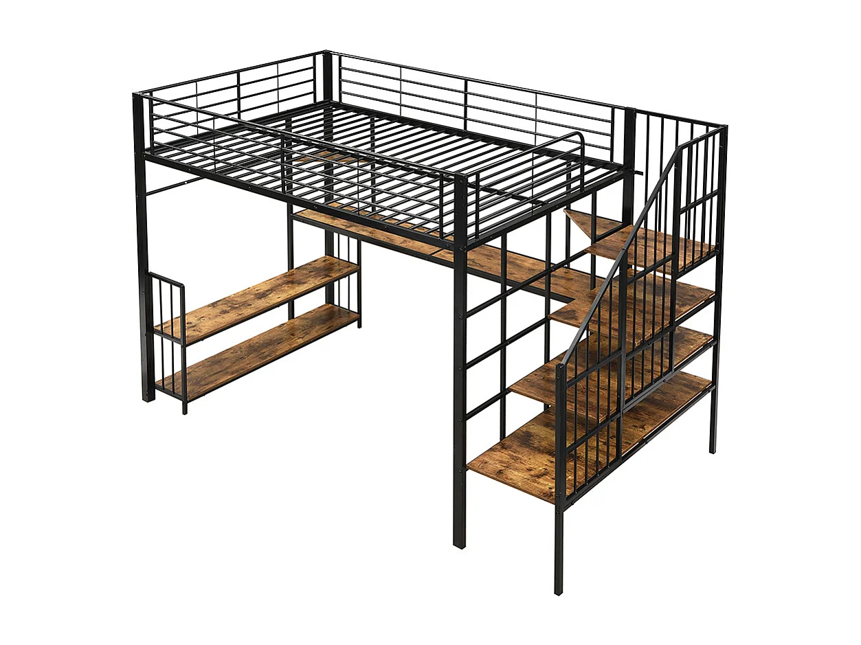 Hochbett 120 x 200 cm, seitliche Leiter mit Handläufen, Ladeanschlüsse, Kleiderhaken, Regale, Eisen + MDF, schwarz + dunkle Oberfläche