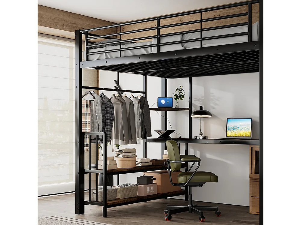 Hochbett 120 x 200 cm, seitliche Leiter mit Handläufen, Ladeanschlüsse, Kleiderhaken, Regale, Eisen + MDF, schwarz + dunkle Oberfläche