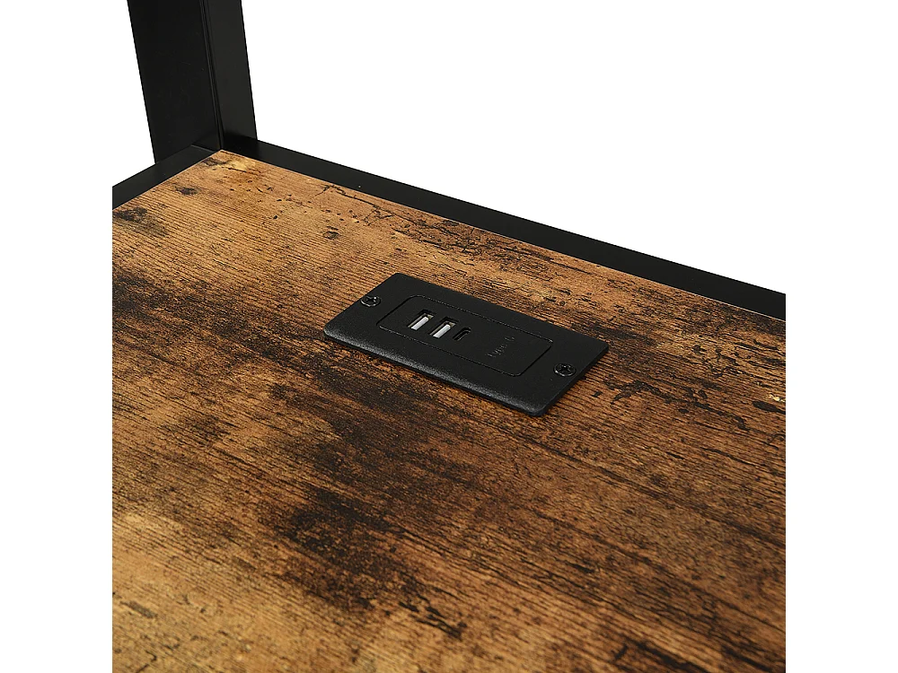 Hochbett 120 x 200 cm, seitliche Leiter mit Handläufen, Ladeanschlüsse, Kleiderhaken, Regale, Eisen + MDF, schwarz + dunkle Oberfläche