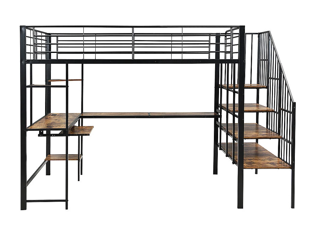 Hochbett 120 x 200 cm, mit Ladeanschlüssen, Eckleiter, Ablage für Tastatur und Stauraum, schwarz + dunkle Oberfläche