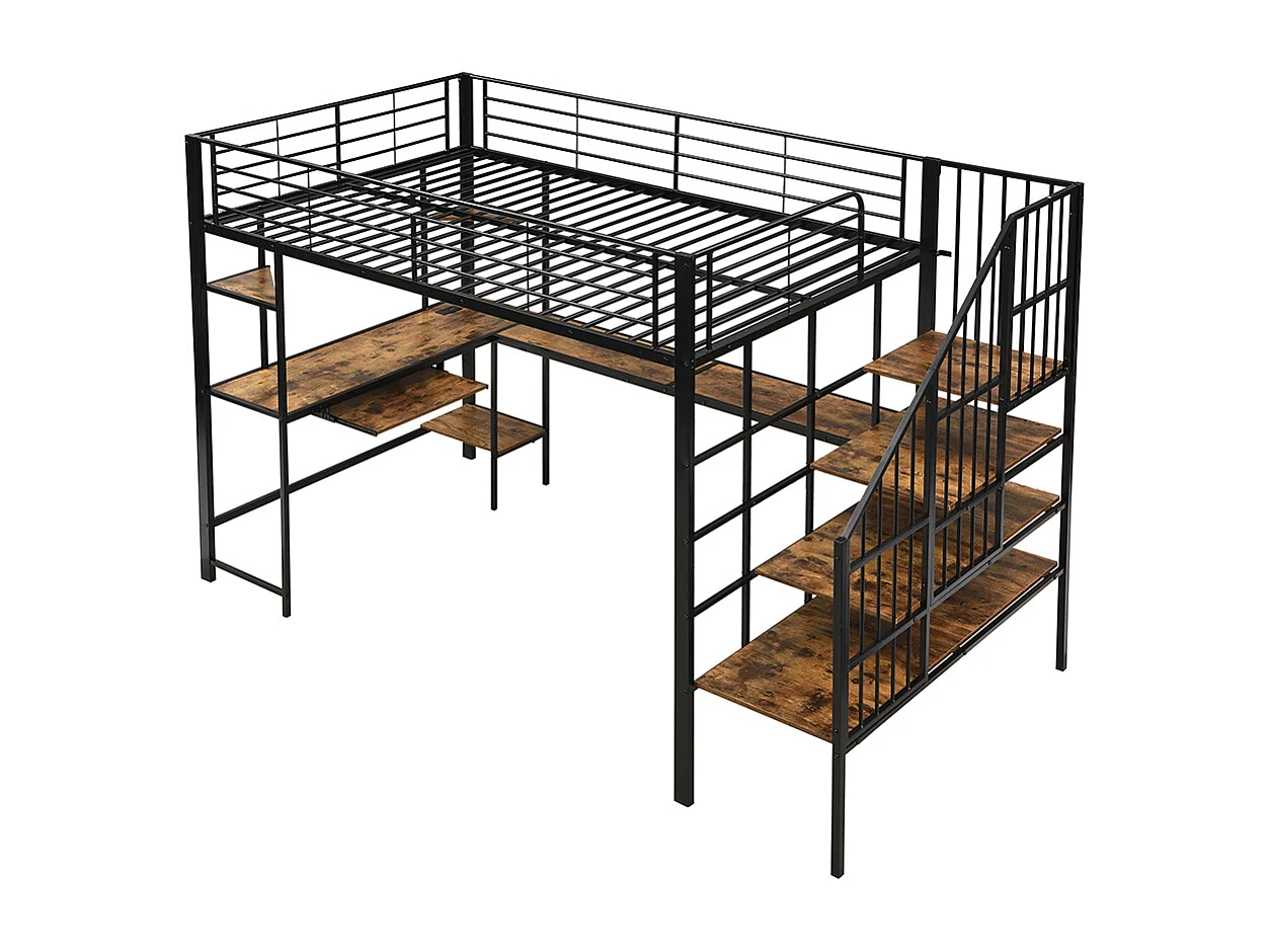 Hochbett 120 x 200 cm, mit Ladeanschlüssen, Eckleiter, Ablage für Tastatur und Stauraum, schwarz + dunkle Oberfläche