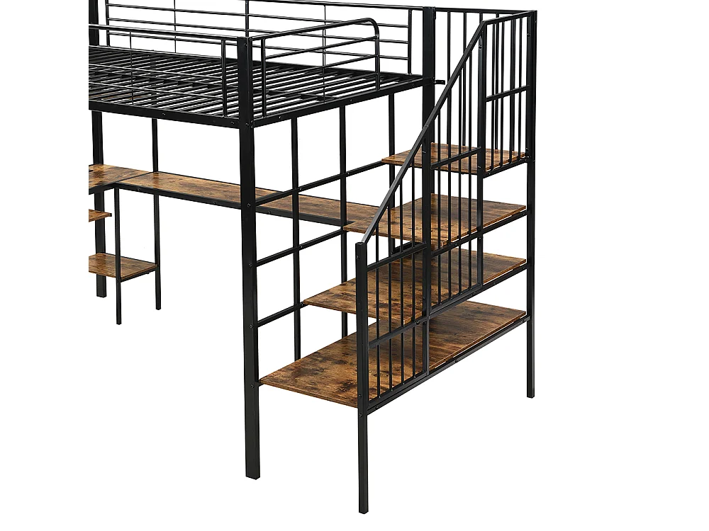 Hochbett 120 x 200 cm, mit Ladeanschlüssen, Eckleiter, Ablage für Tastatur und Stauraum, schwarz + dunkle Oberfläche