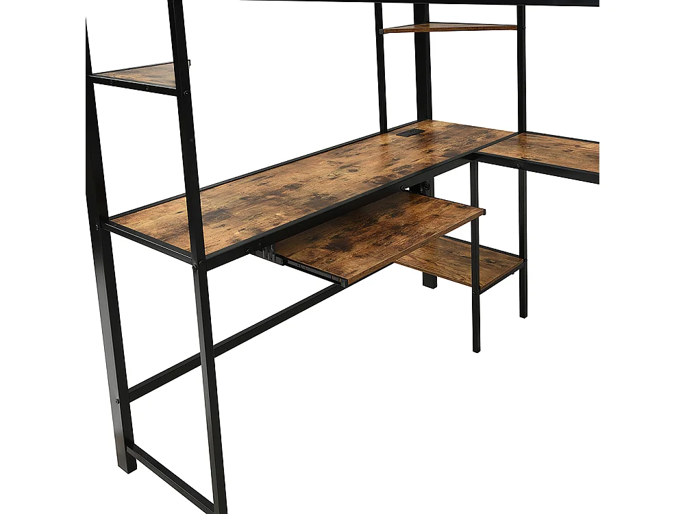 Hochbett 120 x 200 cm, mit Ladeanschlüssen, Eckleiter, Ablage für Tastatur und Stauraum, schwarz + dunkle Oberfläche