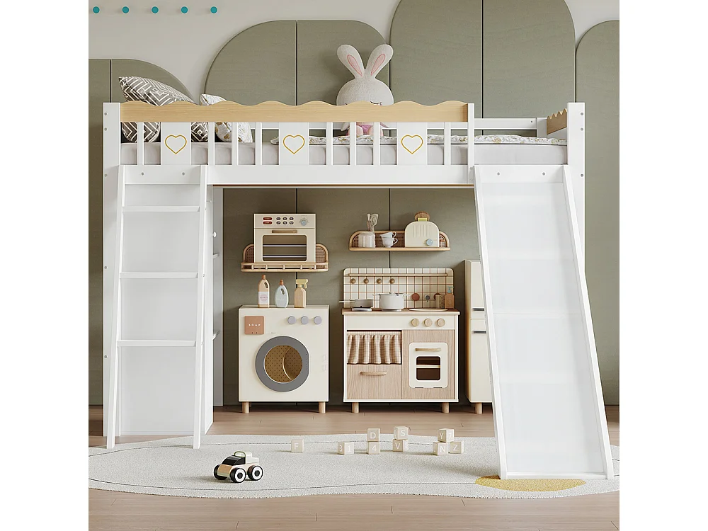 Letto a soppalco per bambini 90 x 200 cm, con scivolo, armadio, contenitore, barriera di sicurezza, finitura bianca + naturale
