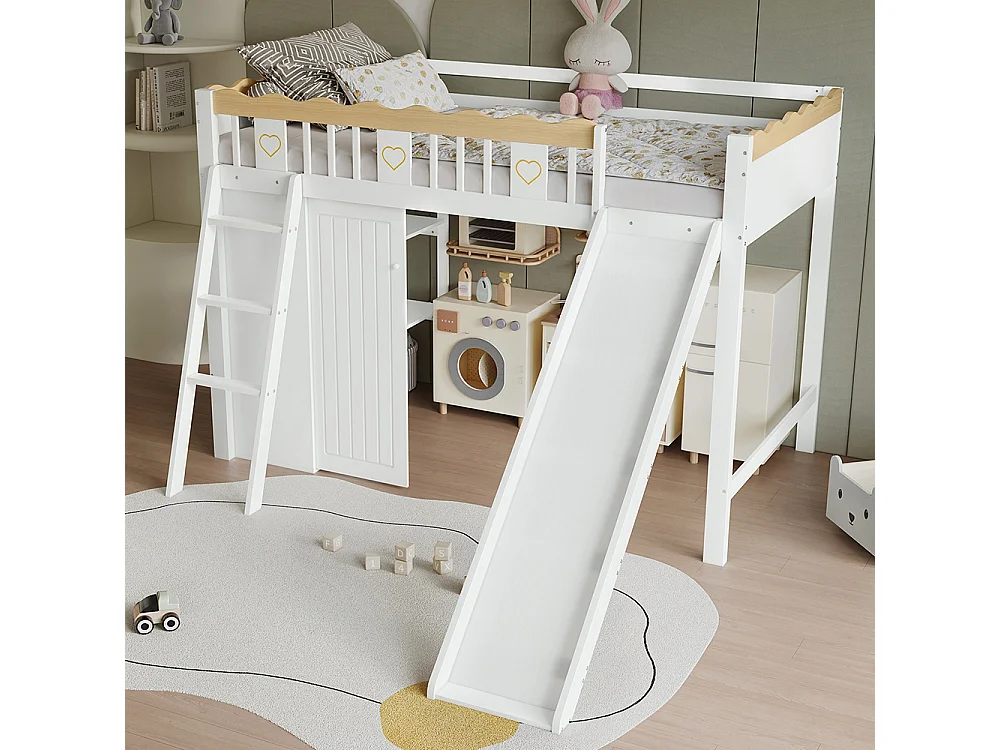 Letto a soppalco per bambini 90 x 200 cm, con scivolo, armadio, contenitore, barriera di sicurezza, finitura bianca + naturale
