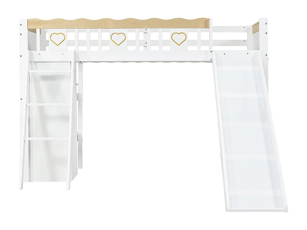 Letto a soppalco per bambini 90 x 200 cm, con scivolo, armadio, contenitore, barriera di sicurezza, finitura bianca + naturale
