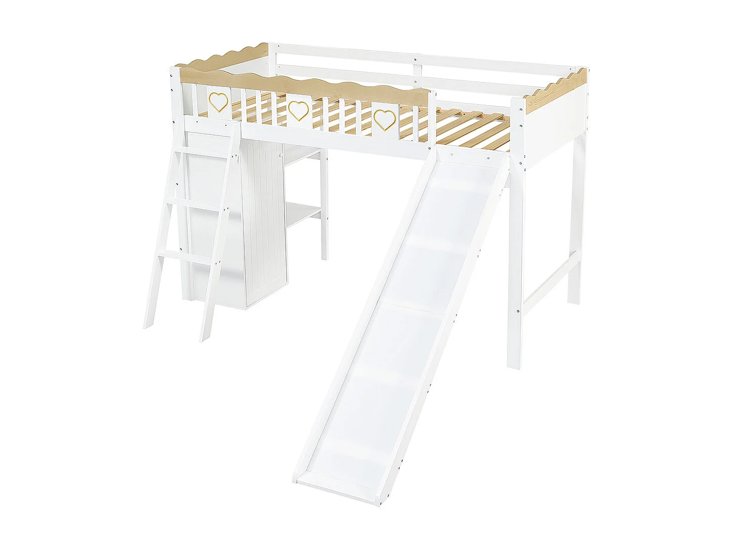 Letto a soppalco per bambini 90 x 200 cm, con scivolo, armadio, contenitore, barriera di sicurezza, finitura bianca + naturale