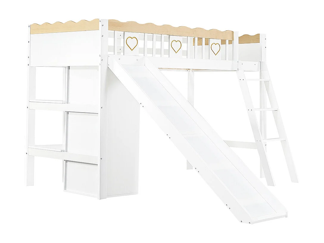 Letto a soppalco per bambini 90 x 200 cm, con scivolo, armadio, contenitore, barriera di sicurezza, finitura bianca + naturale