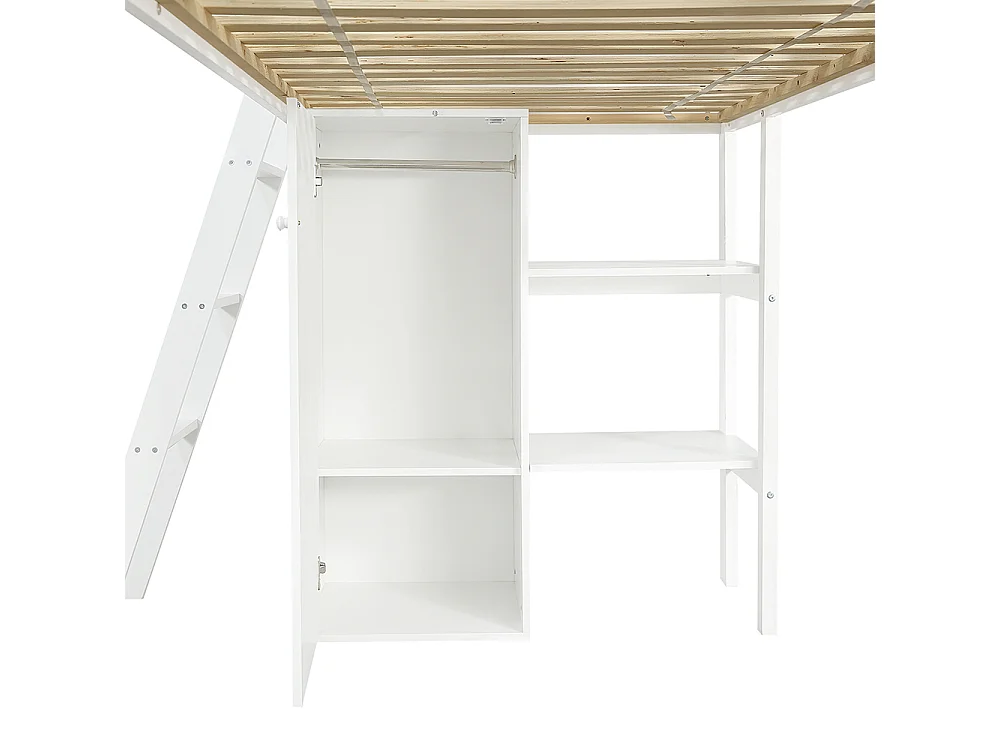 Letto a soppalco per bambini 90 x 200 cm, con scivolo, armadio, contenitore, barriera di sicurezza, finitura bianca + naturale