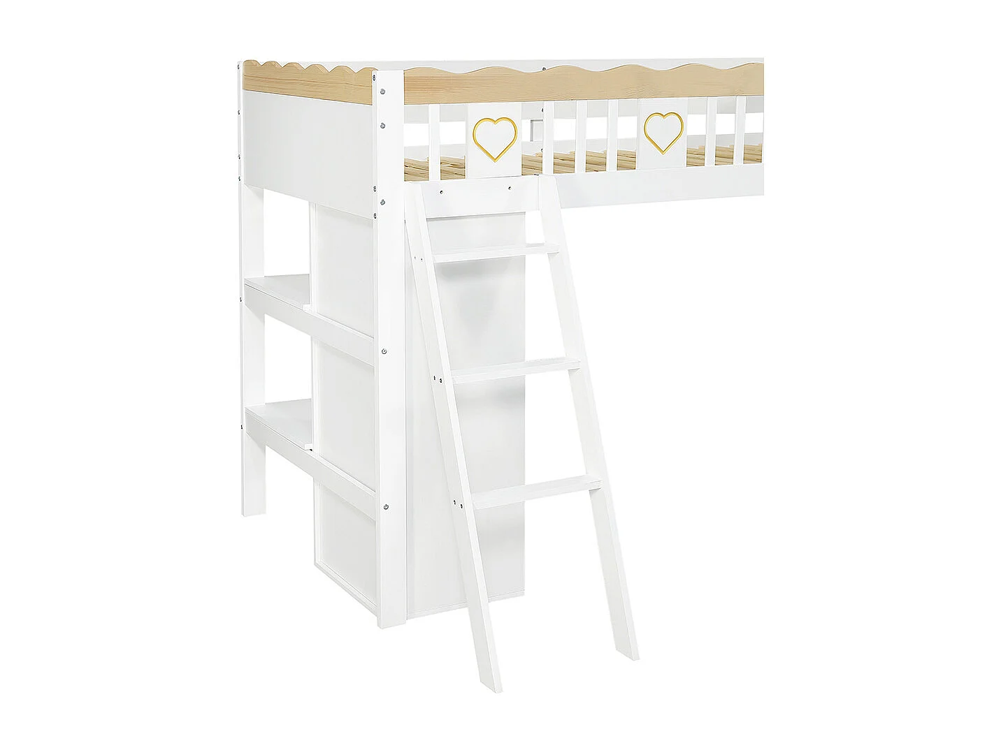 Letto a soppalco per bambini 90 x 200 cm, con scivolo, armadio, contenitore, barriera di sicurezza, finitura bianca + naturale