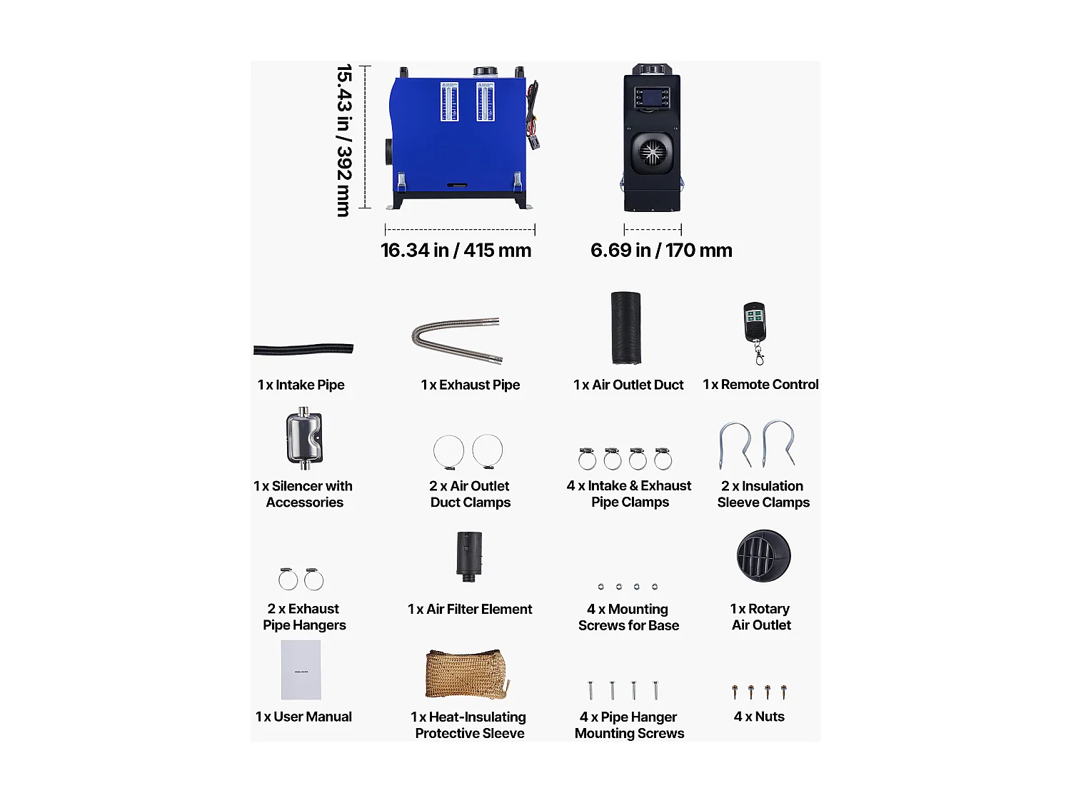 Chauffage Diesel SucceBuy 8 kW DC 12 V/24 V, Réchauffeur d'Air Diesel pour Stationnement, Portable Tout-en-Un, avec Télécommande et Écran LCD