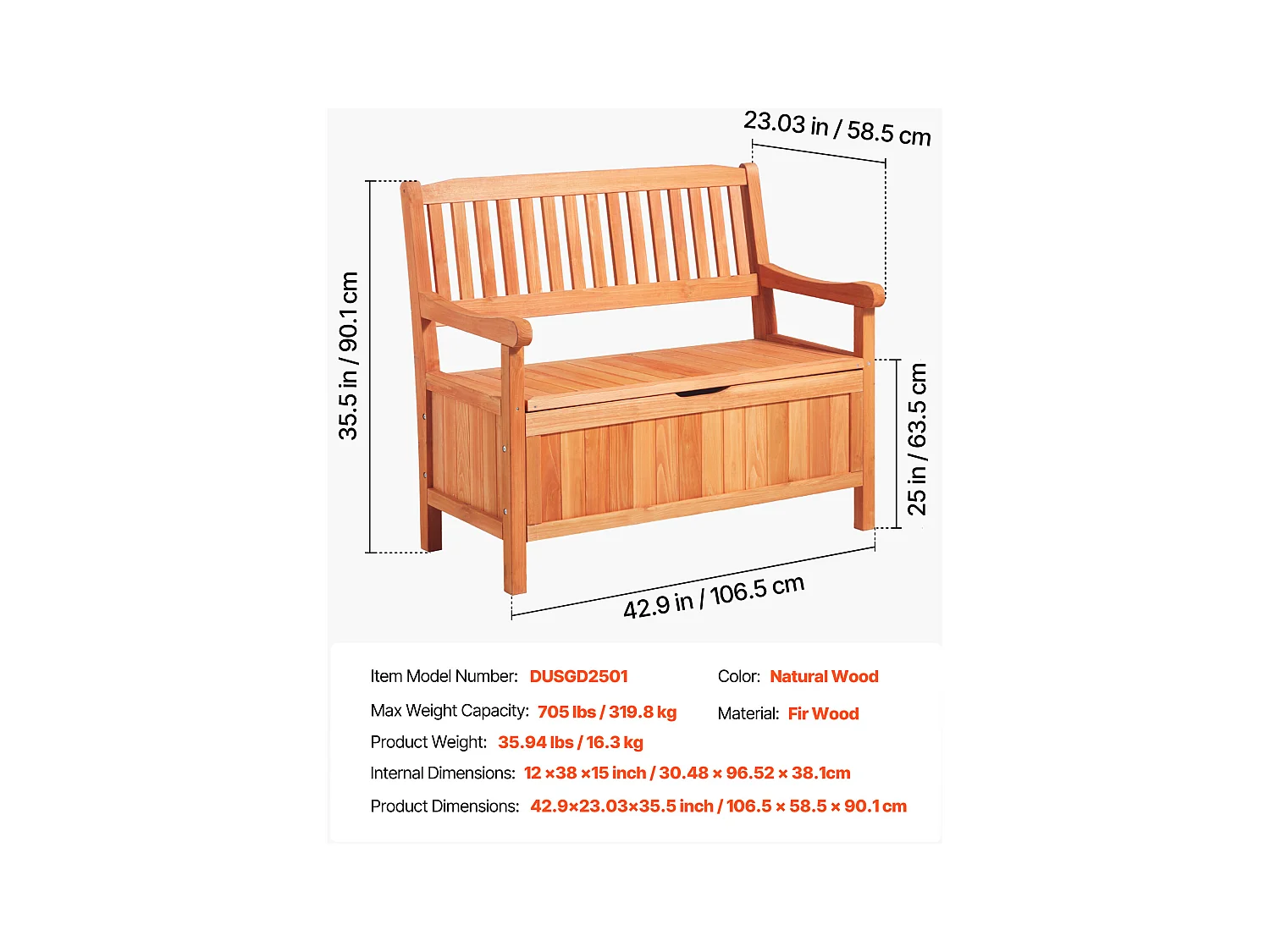 Banc de Rangement SucceBuy Extérieur en Bois Coffre de Jardin 125 L Banc de Terrasse 2 en 1 avec Poignée Latérale, Capacité de Charge 319,8 kg