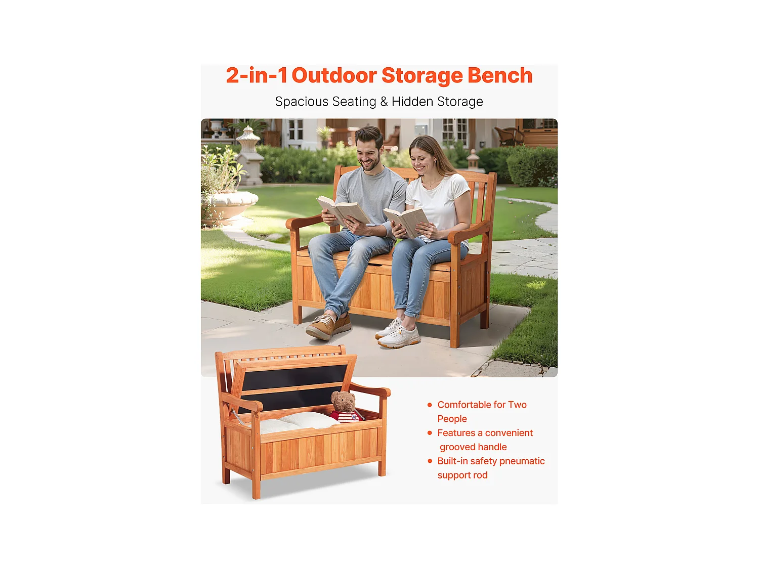 Banc de Rangement SucceBuy Extérieur en Bois Coffre de Jardin 125 L Banc de Terrasse 2 en 1 avec Poignée Latérale, Capacité de Charge 319,8 kg