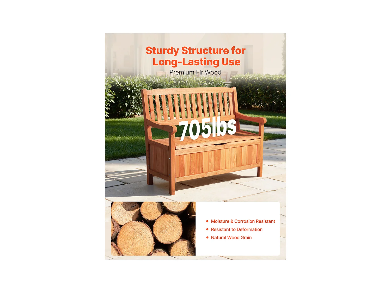 Banc de Rangement SucceBuy Extérieur en Bois Coffre de Jardin 125 L Banc de Terrasse 2 en 1 avec Poignée Latérale, Capacité de Charge 319,8 kg