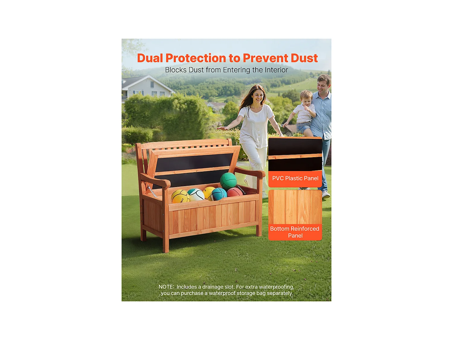 Banc de Rangement SucceBuy Extérieur en Bois Coffre de Jardin 125 L Banc de Terrasse 2 en 1 avec Poignée Latérale, Capacité de Charge 319,8 kg