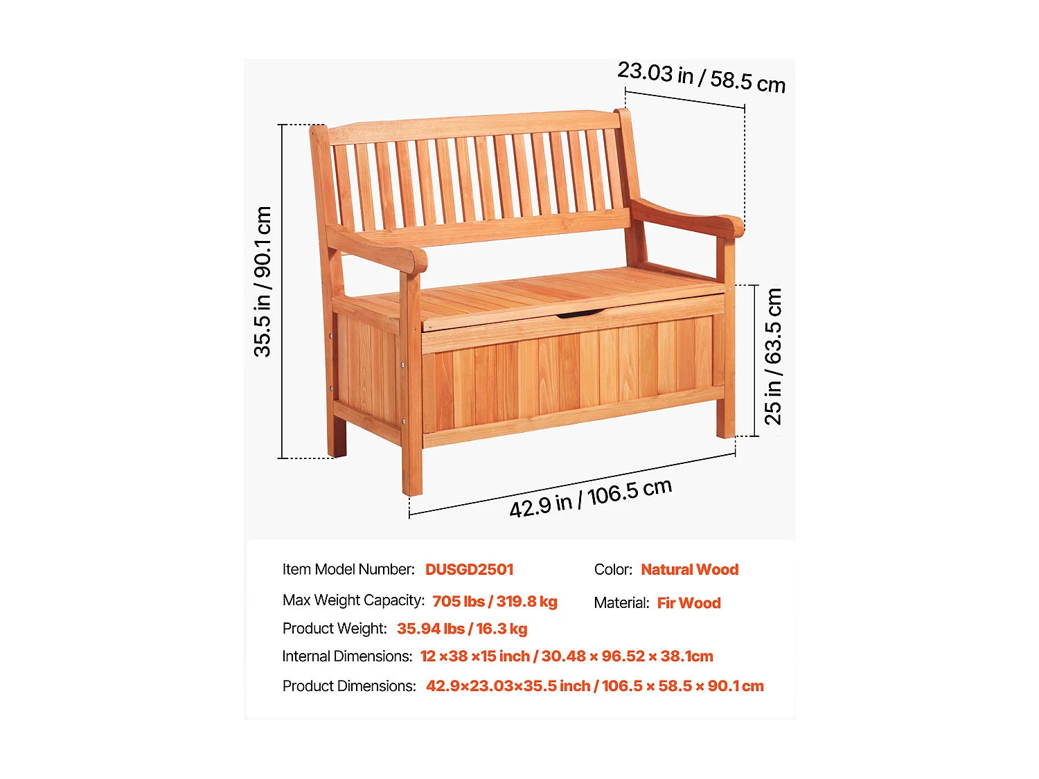 Banc de Rangement SucceBuy Extérieur en Bois Coffre de Jardin 125 L Banc de Terrasse 2 en 1 avec Poignée Latérale, Capacité de Charge 319,8 kg