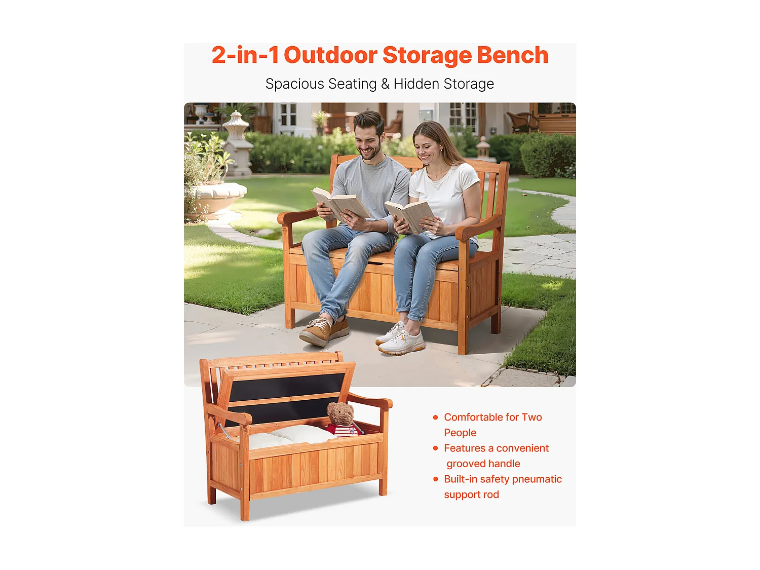 Banc de Rangement SucceBuy Extérieur en Bois Coffre de Jardin 125 L Banc de Terrasse 2 en 1 avec Poignée Latérale, Capacité de Charge 319,8 kg