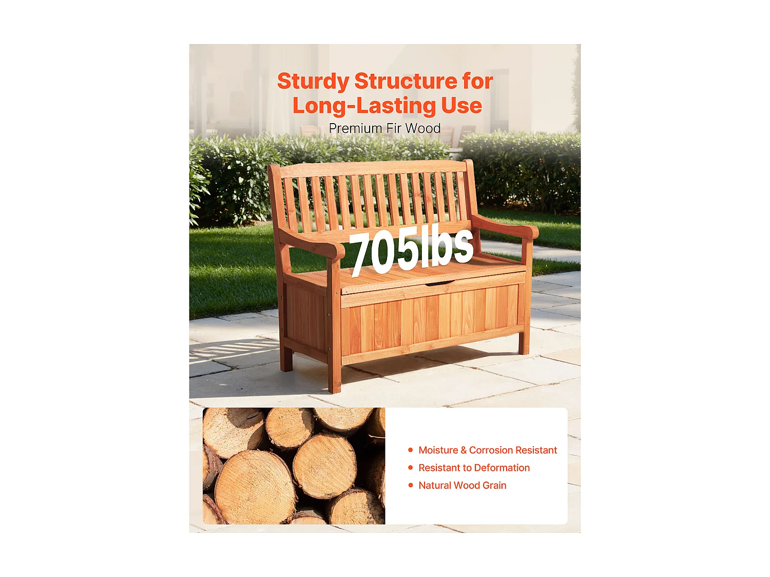 Banc de Rangement SucceBuy Extérieur en Bois Coffre de Jardin 125 L Banc de Terrasse 2 en 1 avec Poignée Latérale, Capacité de Charge 319,8 kg