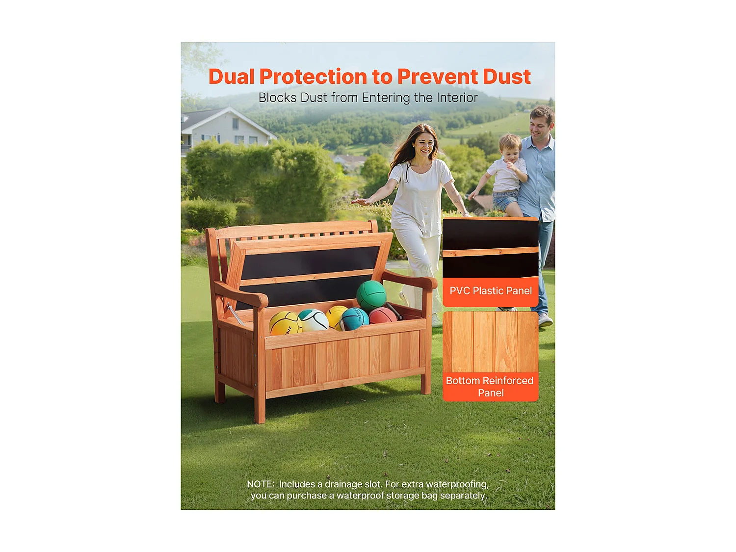 Banc de Rangement SucceBuy Extérieur en Bois Coffre de Jardin 125 L Banc de Terrasse 2 en 1 avec Poignée Latérale, Capacité de Charge 319,8 kg