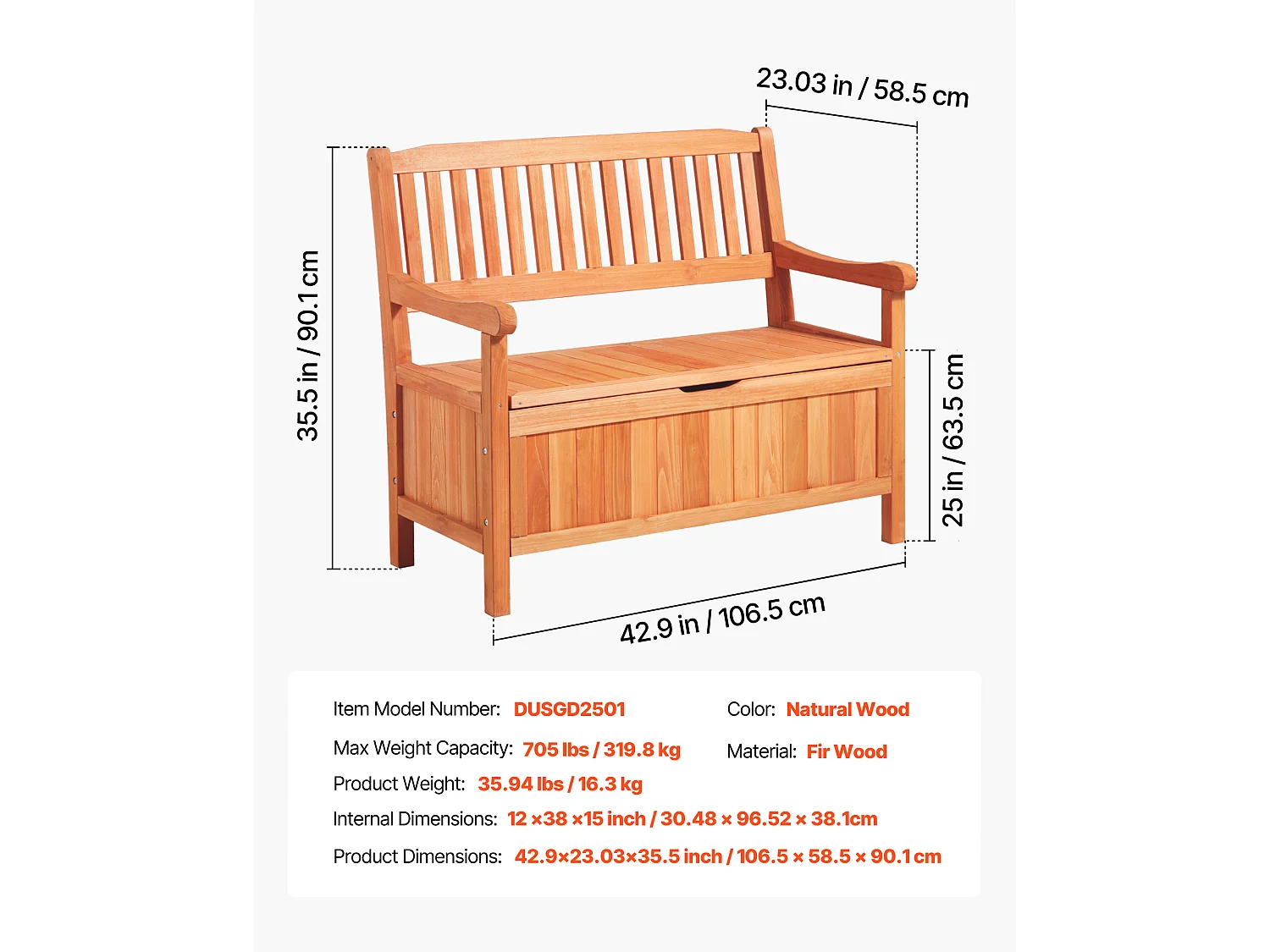 Banco de Almacenamiento SucceBuy Exterior en Madera Cofre de Jardín 125 L Banco de Terraza 2 en 1 con Asa Lateral, Capacidad de Carga 319,8 kg