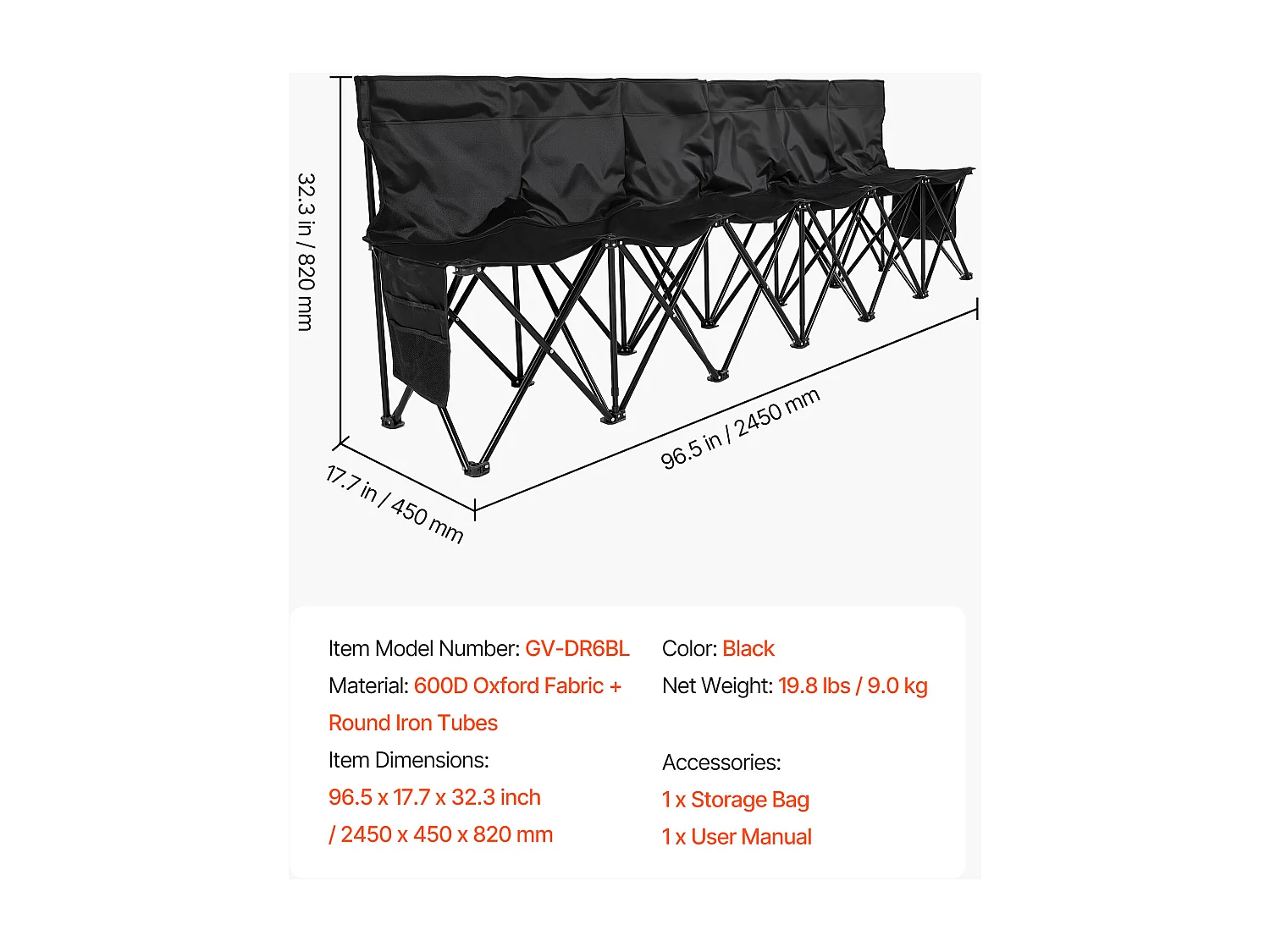 Klapbank SucceBuy, Draagbaar, 6 Zitplaatsen, Opvouwbare Campingbank met Opbergvakken en Draagtas, voor Buitenevenementen, Zwart