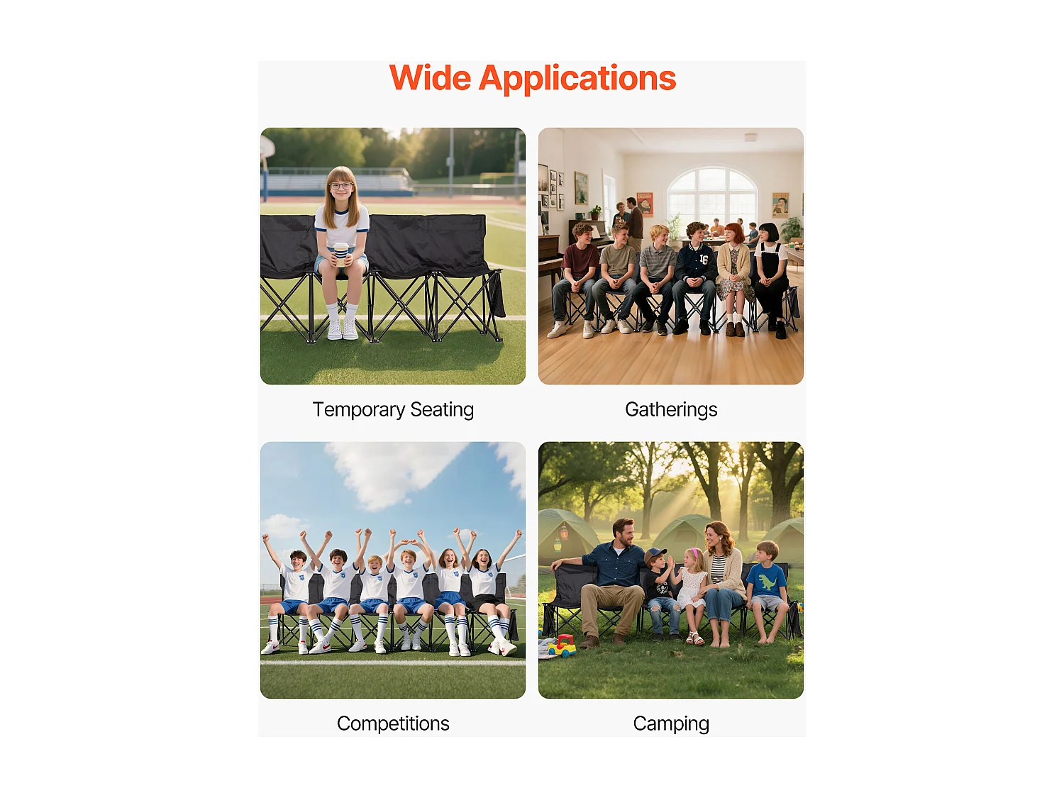 Klapbank SucceBuy, Draagbaar, 6 Zitplaatsen, Opvouwbare Campingbank met Opbergvakken en Draagtas, voor Buitenevenementen, Zwart